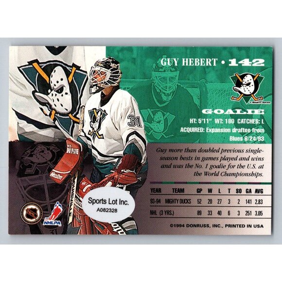 Guy Hebert Signed Anaheim Mighty Ducks Hockey Trading Card 1994 Donruss NHL - Picture 2 of 2